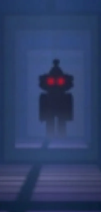 Dark wallpaper with a robot silhouette and glowing red eyes in blue tones.