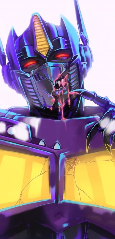 Vibrant purple robot art with neon details.