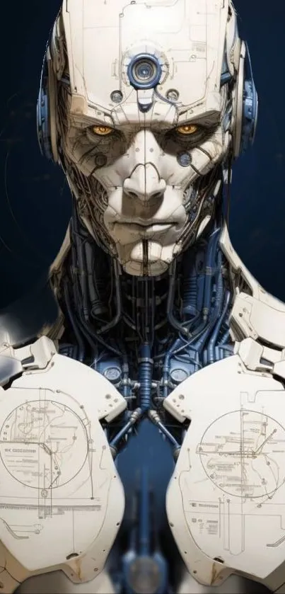 Futuristic robot with a detailed design on a navy blue background.