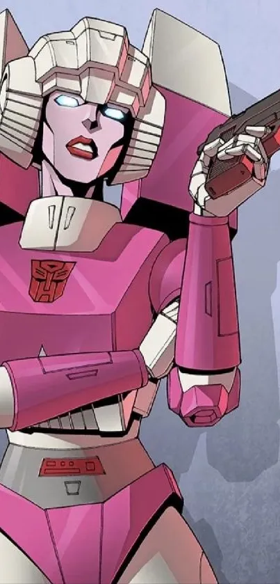 Artistic wallpaper of a pink and white futuristic robot design holding a gun.