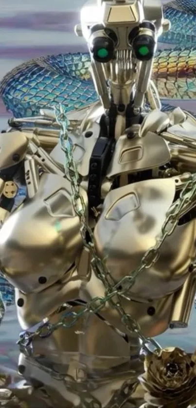 Futuristic robot with chains and roses