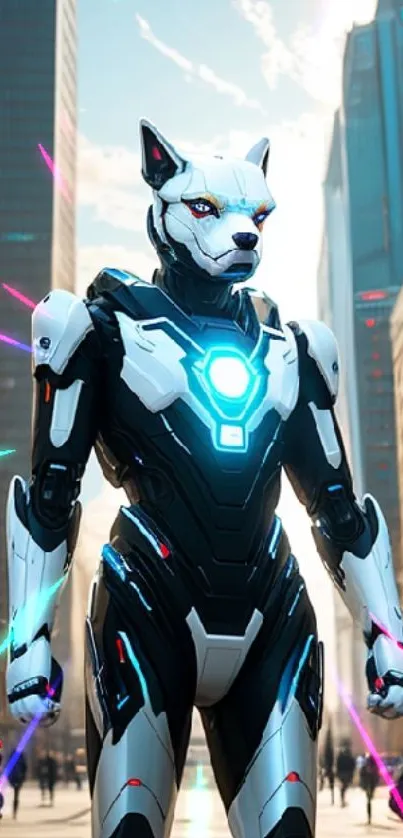 Futuristic robot dog in a sci-fi cityscape.