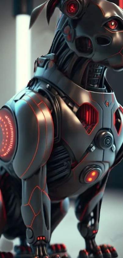 Futuristic metallic robot dog with glowing red accents.