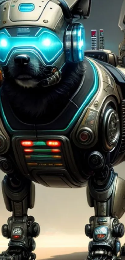 Futuristic robot dog with blue accents and glowing eyes.