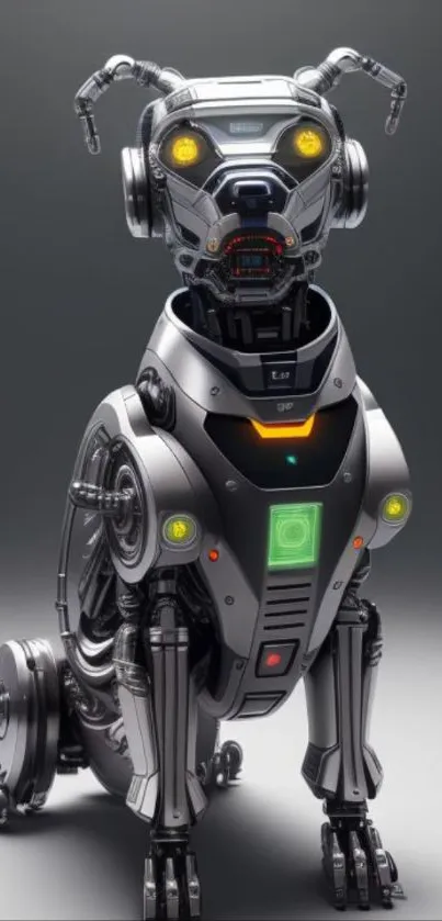 Futuristic robot dog with metallic design on gray background.