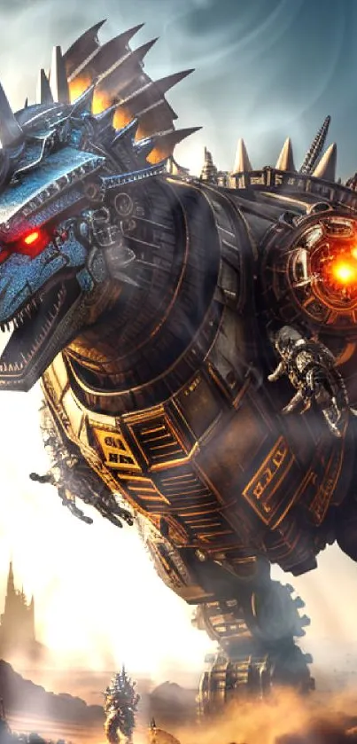 Mechanical dragon breathing fire in a sci-fi landscape