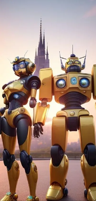 Futuristic robots standing in front of a city skyline at sunset.