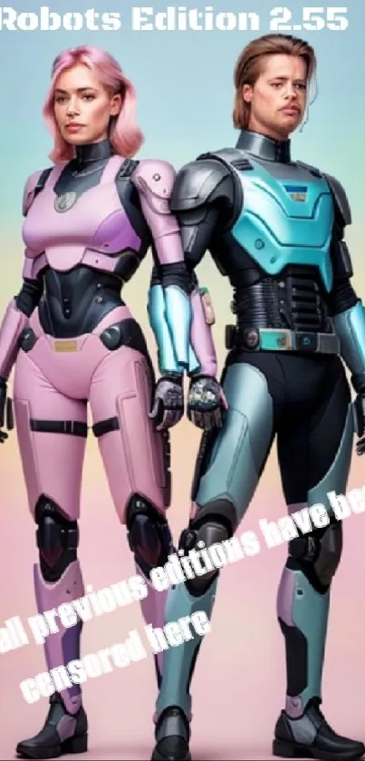 Futuristic duo in colorful robotic suits on a vibrant mobile wallpaper.