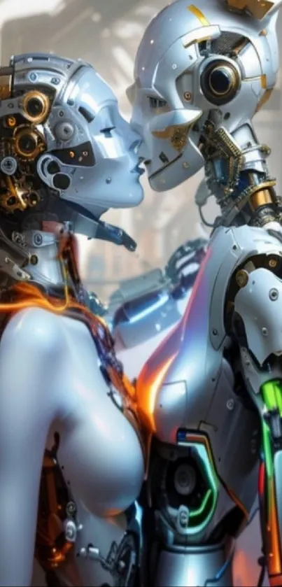 Futuristic robots in a close embrace, showcasing cyberpunk art.