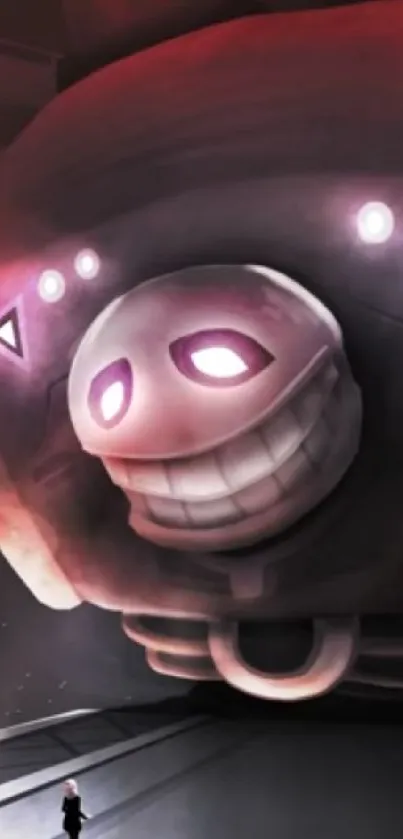 Giant smiling robot in a dark futuristic setting.