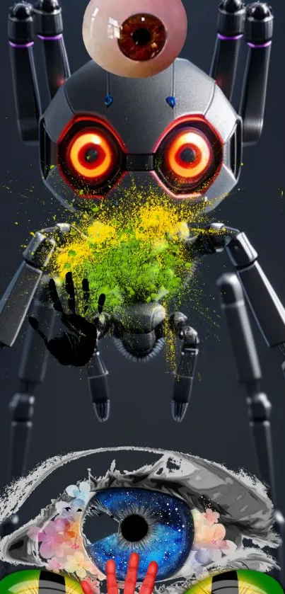 Futuristic robot with red eyes and abstract elements on a colorful background.