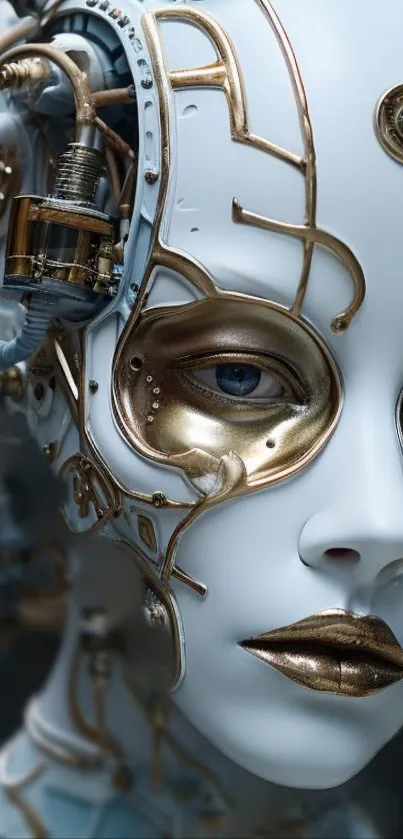 Futuristic robot face with gold accents in a detailed design.