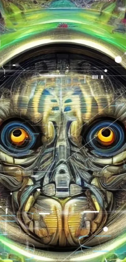 Futuristic robot face with vibrant colors.