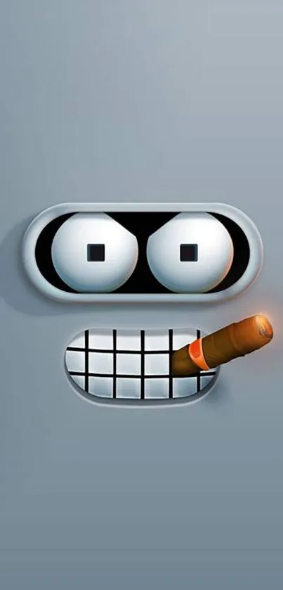 Futuristic robot wallpaper with cigar and expressive eyes.