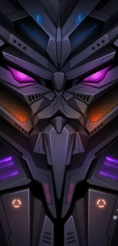 Futuristic robotic face with purple eyes and orange accents on dark background.