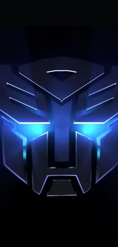 Futuristic robot face with glowing blue lights on a black background.