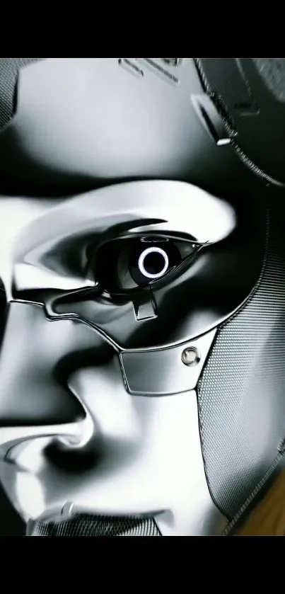 Futuristic robot face with metallic design.