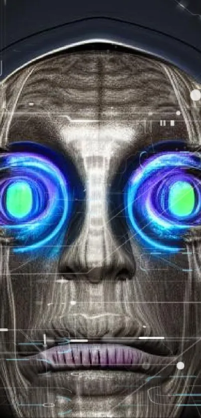 Futuristic robot face with neon blue eyes and metallic textures in sci-fi design.