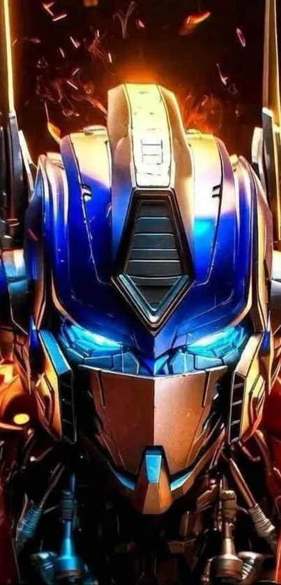 A detailed futuristic robot face with vivid colors and intricate design.