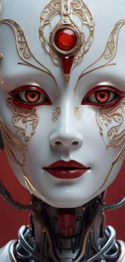 Futuristic cyborg portrait with intricate red designs and robotic features.