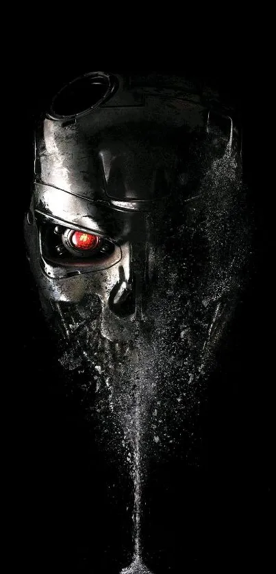 Futuristic robot face with dark background and metallic details.