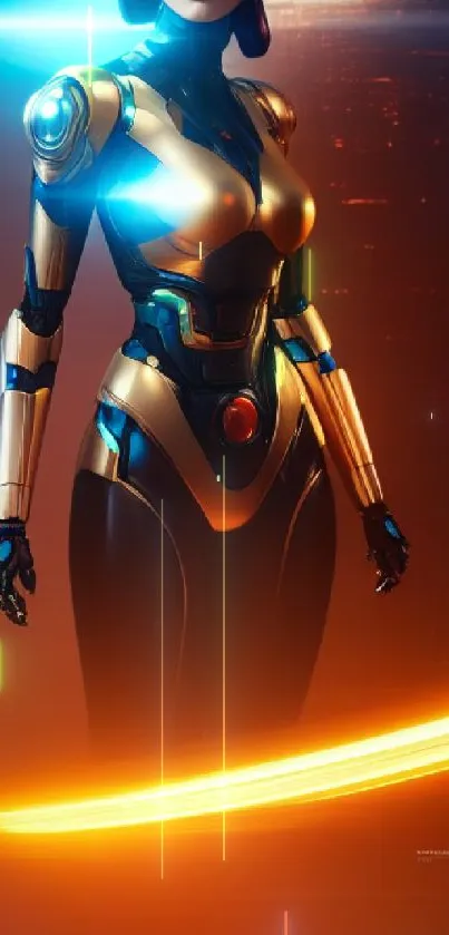 Futuristic female robot with glowing orange and blue hues.