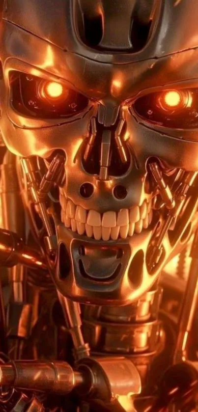 Futuristic robot with fiery background and glowing eyes.