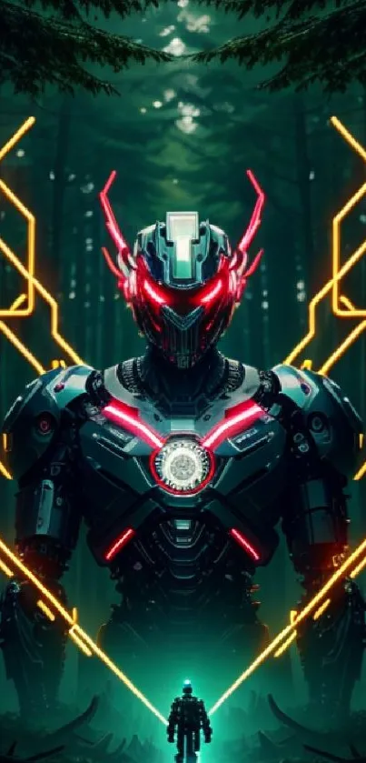 Futuristic robot with neon lights in a forest setting.