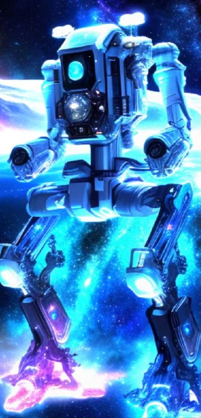 Futuristic robot in a vibrant galaxy backdrop.