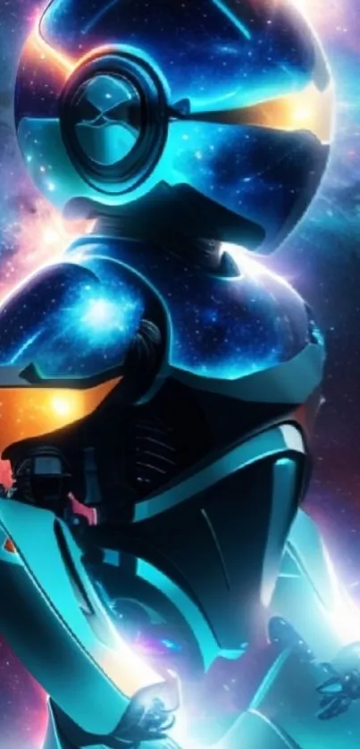 Futuristic robot with galaxy pattern amidst cosmic background.