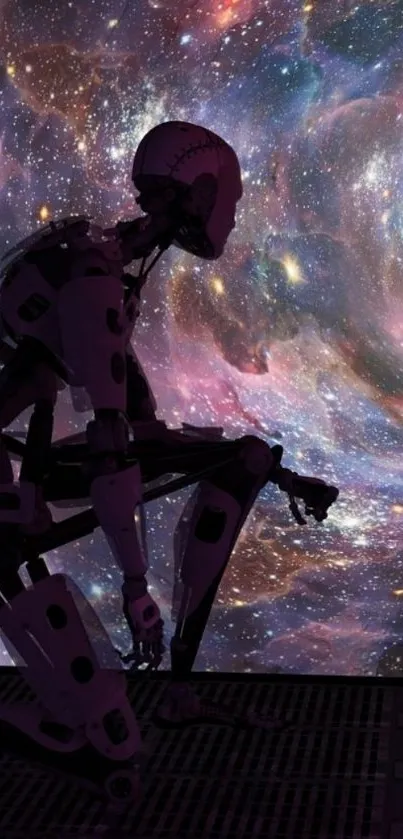 Futuristic robot against galaxy backdrop in mobile wallpaper.