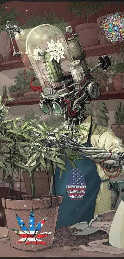 Futuristic robot gardener tending plants in a sci-fi art setting.