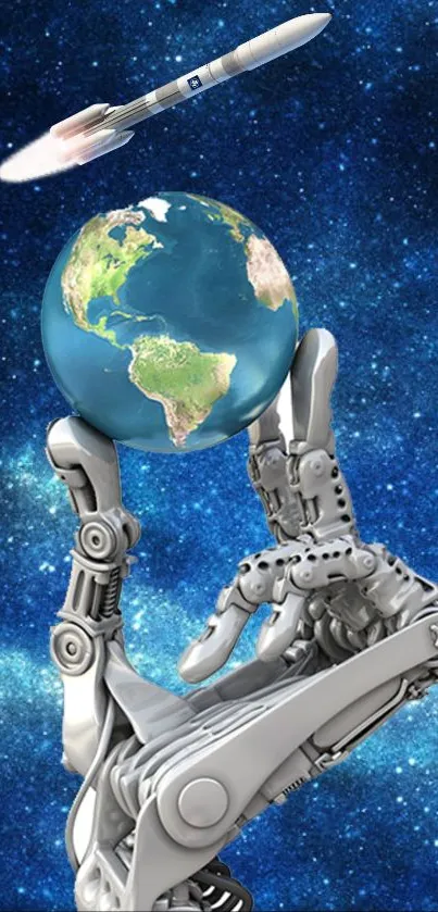 Robot hand holds Earth in space wallpaper.