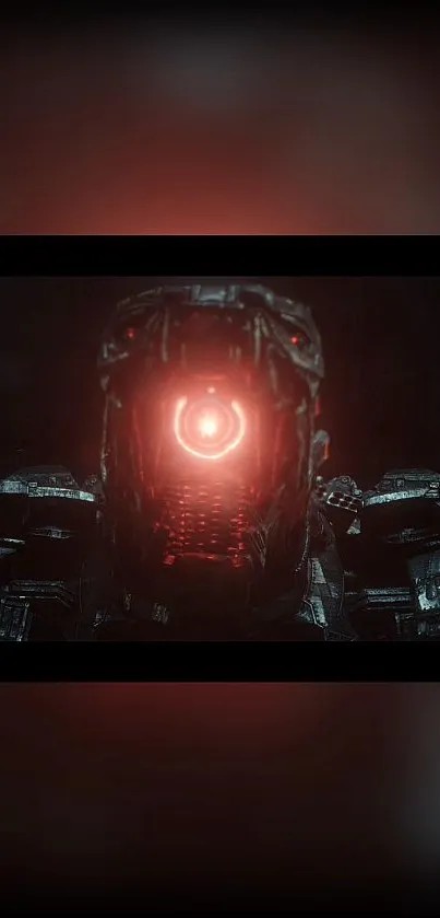 Futuristic robot with glowing red eye in dark background wallpaper.