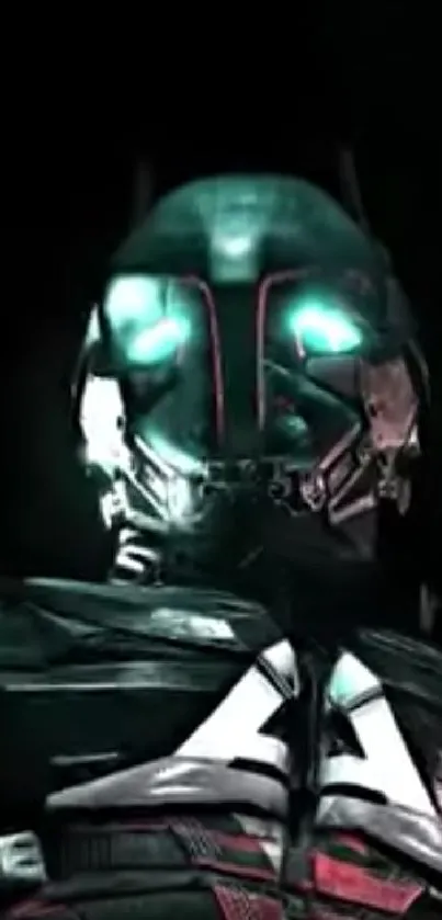 Futuristic robot with glowing teal eyes on a dark background.