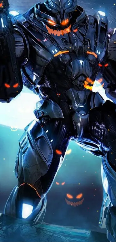 Futuristic robot with glowing accents on a Halloween-themed mobile wallpaper.