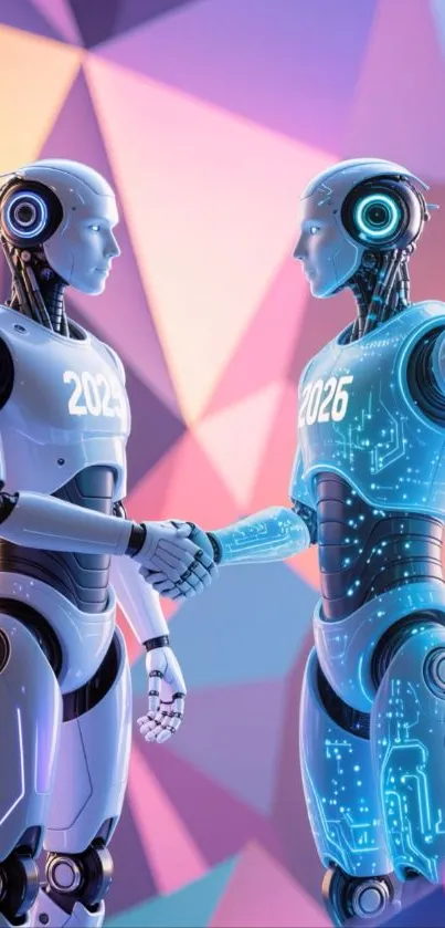 Two futuristic robots shaking hands with a colorful geometric background.