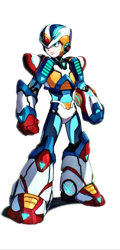 Futuristic robot with blue and red accents on white background.