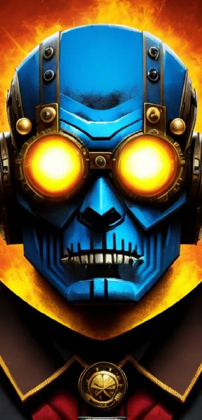 Futuristic robot head with vivid blue and fiery highlights.