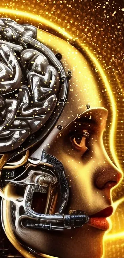 Futuristic robot head with golden aura and metallic details wallpaper.