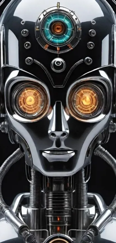 Futuristic metallic robot head with glowing eyes.