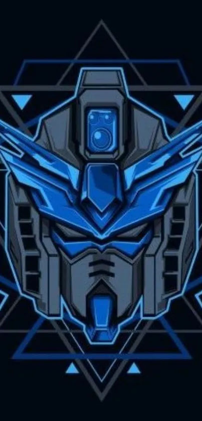 Futuristic blue robot head with geometric patterns on a dark background.