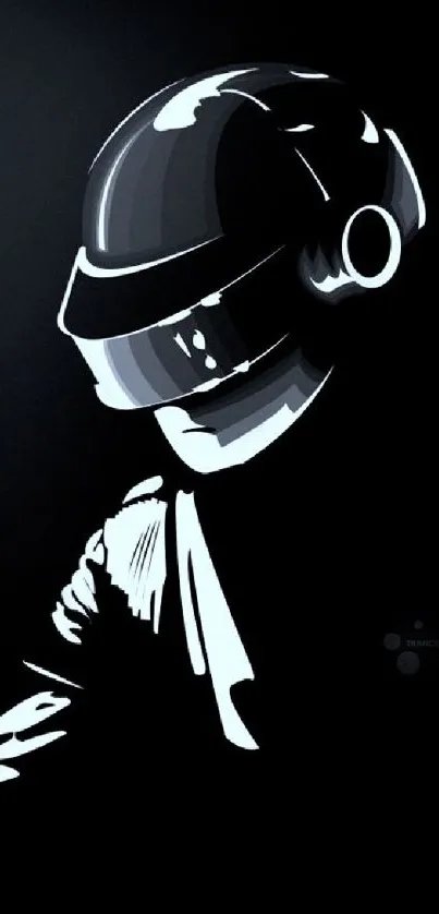 Futuristic robot helmet in monochrome tones on a dark background.