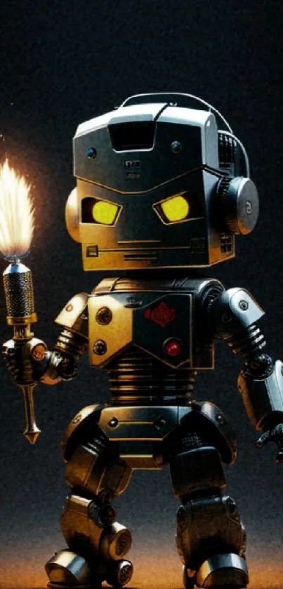 Futuristic robot with torch on dark background.