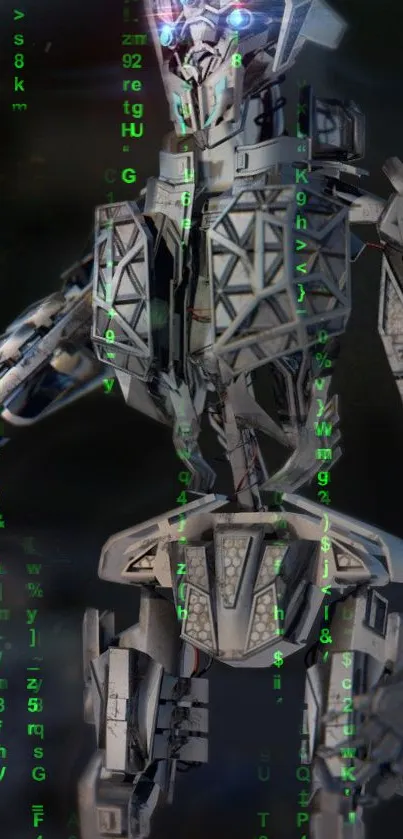 Futuristic robot with holographic display in dark setting.