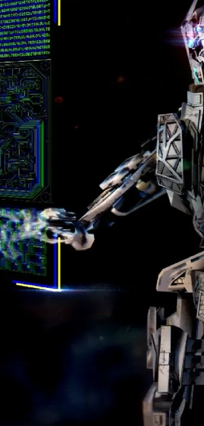 Futuristic robot hologram with digital screen interface.
