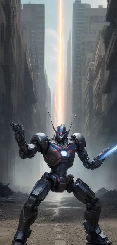 A futuristic robot stands in a deserted city street, illuminated by a light beam.