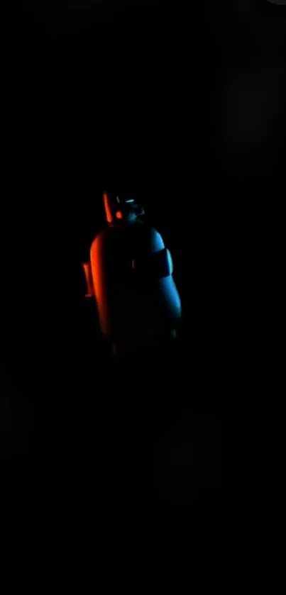 Futuristic robot glowing in dark with blue and orange lights.