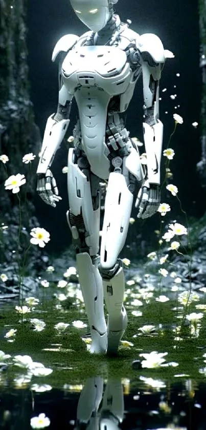 Futuristic robot in a serene, flower-filled natural setting.