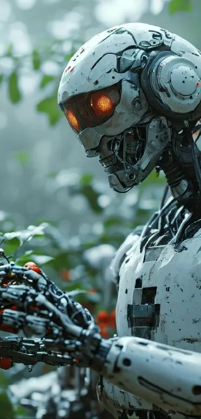 Futuristic robot with glowing eyes amidst lush greenery holding red tomatoes.